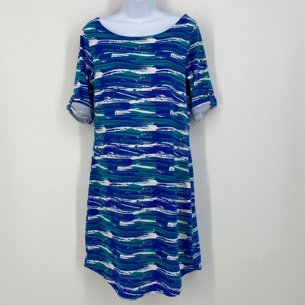 Lola Blue‎ Green Abstract Brushstroke Roll Tab Sleeve Shift Dress Medium P6767